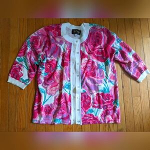 Bob Mackie Women's Wearable Art Cardigan with Red & Pink Roses. Size Large